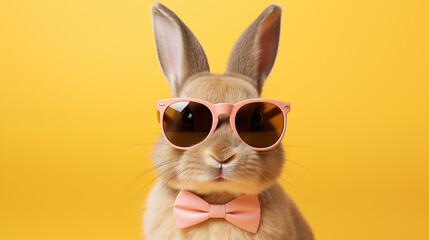 cute bunny wearing pink glasses on a turquoise yellow background with space for text - obrazy, fototapety, plakaty