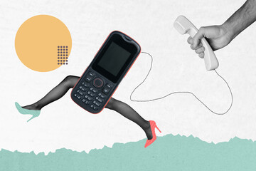 Artwork collage of black white colors arm hold handset phone wire connection running girl legs...