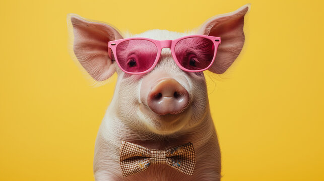 cute pig with glasses on a yellow background, funny image of an animal