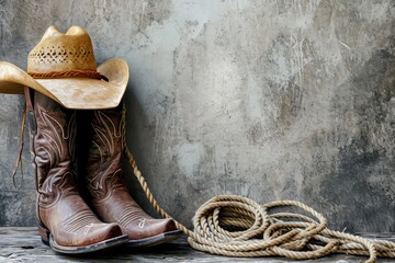Adventure and travel concept with a gray wall adorned with cowboy boots hat and rope - obrazy, fototapety, plakaty