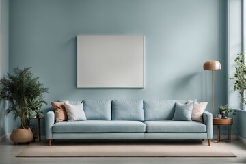 Interior of living room with light blue sofa and blank frame mockup on light blue wall 