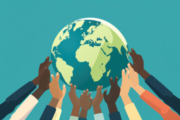 Multiple hands of diverse skin tones hold a Earth against a turquoise background
