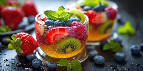 sliced fresh fruits and berries in jelly in a glass, on the dark table, banner, copy space