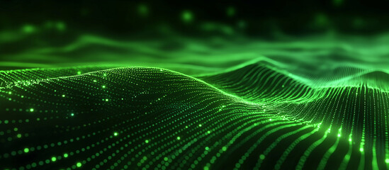 Green neon lines over black background. Streaming energy. Particles moving and leaving glowing tracks