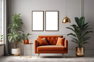 Stylish compositon of retro home interior with mock up poster frame, vintage orange chair, velvet sofa, design lamps, gold shelf, plants and elegant accessories