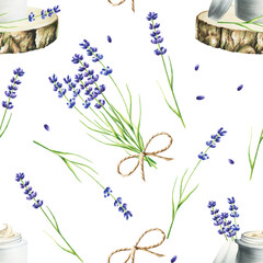 Watercolor seamless pattern with face cream in a jar and bottle of serum on a wooden saw cut with lavender isolated on white background.Beauty products and botany elements, cosmetology and medicine