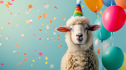 
happy cheerful sheep in a festive triangular cap on his head, next to colorful balloons and confetti on a blue simple background with space for text