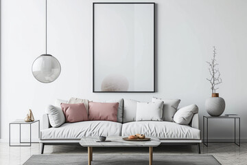 Frame mockup with ISO A paper size, showcasing a living room wall poster mockup against a modern interior design background, presented in a 3D render.