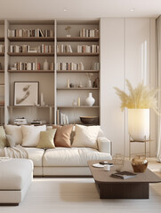 Modern creamy style,family living room, superflat bookcase, the color of Morandi, soft furnishings in the space