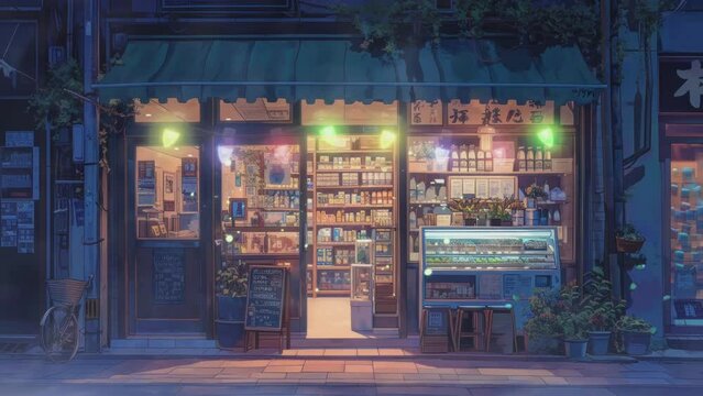 City Shop Illustration Cinematic View in Cartoon or Japanese Anime Watercolor Style. Looping 4K virtual video animation