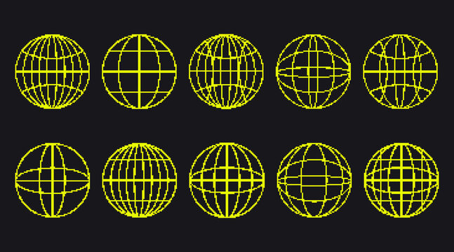 Set of pixel art planets shapes in trendy retro style. Trendy Y2K vector signs for banners, social media, poster design. Brutalist geometric shapes globe. Retro futuristic icons in 8 bit style