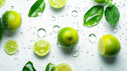 Top view of green limes and leaves with water droplets on a white surface. Essence of a cool, refreshing experience. 