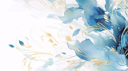 Fototapeta na wymiar Abstract Blue and White Floral Art with Gold Accents
