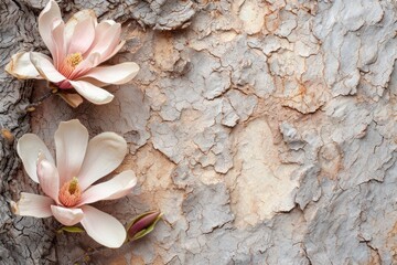 Dry tree bark and magnolia flower compose an abstract natural scene Suitable for branding cosmetic...