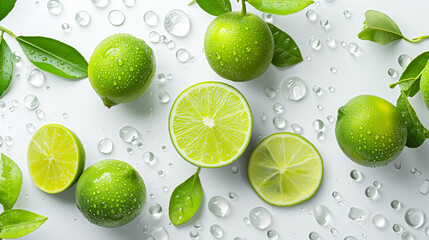 Top view of green limes and leaves with water droplets on a white surface. Essence of a cool, refreshing experience.  - obrazy, fototapety, plakaty