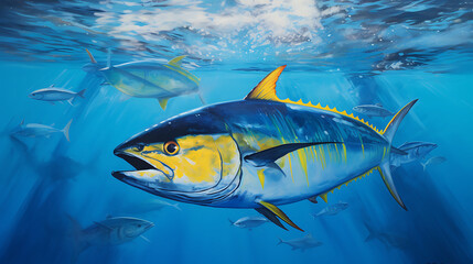 Yellowfin tuna swim gracefully in the deep blue sea, their vibrant yellow fins slicing through the water with precision - obrazy, fototapety, plakaty