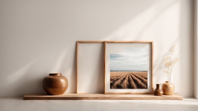 Minimal wooden picture poster empty frame mockup on white wallpaper Mockup empty poster in modern living room interior background