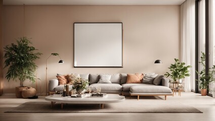 Mockup empty poster in modern living room interior background
