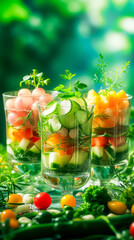 A colorful vegetable salad in glass cups against green blurred background. The salad is made up of diced vegetables and garnished with fresh herbs. Fresh, organic feel.