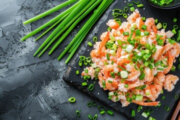 Ready to eat minced fish crab sticks and green onions on a stone board top view - obrazy, fototapety, plakaty