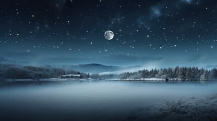 View of frozen lake during snowy winter at night. Landscape background wallpaper.