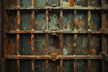 Rusty prison bars with contrasting darkness and light