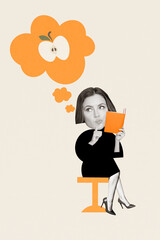 Vertical creative collage illustration thoughtful dreamy smart lady read book miniature touch face formal wear caricature white background