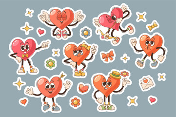 Set of Stickers with Retro Cartoon Groovy Heart Characters Exude Love And Positivity. Valentine Day Personages