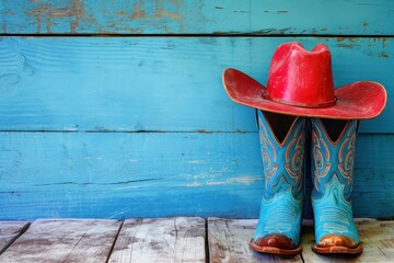Colorful blue and red cowboy boots and hat on natural wood with blue wooden background