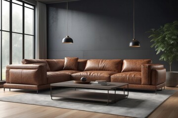 modern living room with leather couch