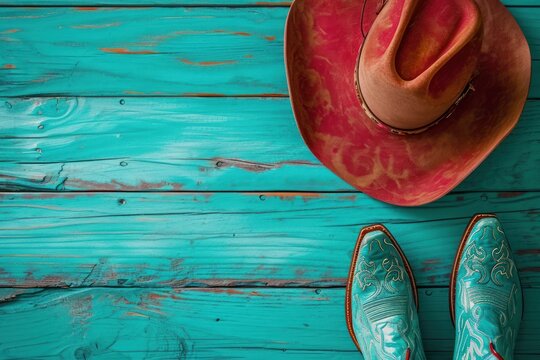 Cowboy boots and hat in teal and burnt red set against a teal wooden backdrop with space for writing