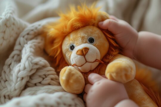 macro photo of a tiny small child's hand holding and embracing a soft stuffed animal lion. cute baby toddler image
