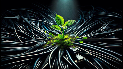 Tech Growth: Plant Emerging from Computer Cables