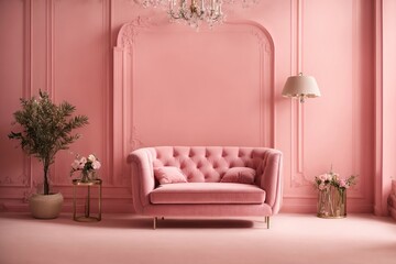 Advert concept: pastel pink background with a pink armchair and a classic frame wall; imaginative composition