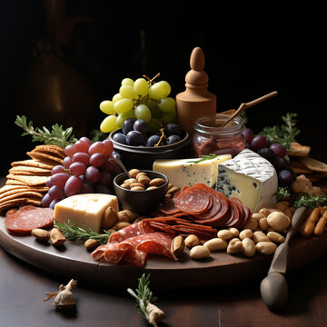 A gourmet Charcuterie Board with exquisite cheeses, Prosciutto di Parma, olives green and black, grapes, pistachio, walnut kernels, salted crackers, sauce