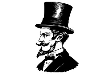 Classic portrait of a Victorian gentleman in engraved style vector illustration. - obrazy, fototapety, plakaty