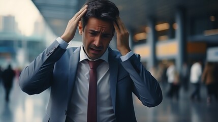 Portrait of a stressed businessman. He is holding his head with his hands.