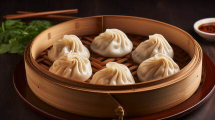 Chinese dumplings in bamboo steamer