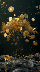 A tree with gold leaves is standing on rocks. Gold bitcoins are falling on the tree and on the rocks. Some coins are on the top of the tree. A few coins are floating in the air. The background is blac