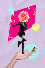 Vertical creative collage photo young attractive hot woman showing silence sign pink flower instead head caricature botany blossom