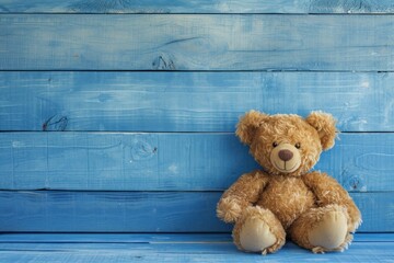 Teddy bear with copy space on blue wood background