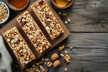 Healthy dessert snack muesli bar with nuts and honey on wooden table