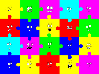 Diverse faces expressing emotions and feelings. Colorful set of modern characters as puzzles in simple doodle art style. Concept of social reaction, facial expression, emotions, multi-ethnic people.