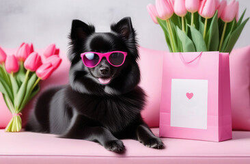 black small dog with pink glasses lies on a sofa with bouquets of pink tulips and looks at the camera