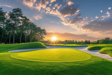 Naklejka premium Picturesque view of golf course at dusk showcasing stunning skies and sand trap Panoramic sight of fairway and bunker Pine bordered golf field
