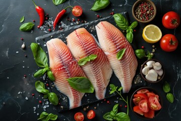 Seasoned tilapia fillets ready for cooking viewed from above - obrazy, fototapety, plakaty