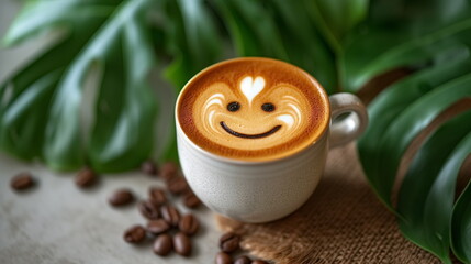 Obraz na płótnie Canvas Cup of latte with smiling latte art coffee, hot coffee, Cappuccino art, woodtable background. coffee bean. green leaf. Generated AI