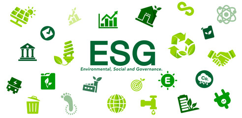 ESG Environment, Social and Governance, Sustainable corporation development. Business Investment Analysis. Green icons Vector illustration.