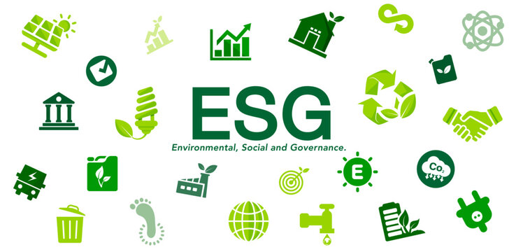 ESG Environment, Social and Governance, Sustainable corporation development. Business Investment Analysis. Green icons Vector illustration.