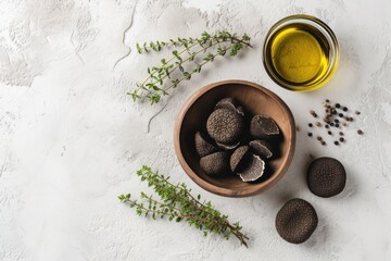 Flat lay of fresh truffles oil in a bowl thyme on a light grey table